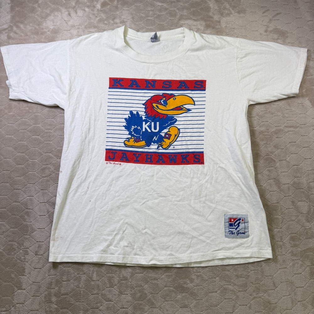 VTG Kansas Jayhawks Men's XL White Single Stitch Shirt The Game 90s‎ USA WORN